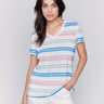 Striped linen blend V-neck t-shirt with vibrant colors and short sleeves by Charlie B.