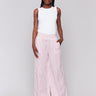 Women's pants with a smocked waistband and pink stripes by Charlie B.