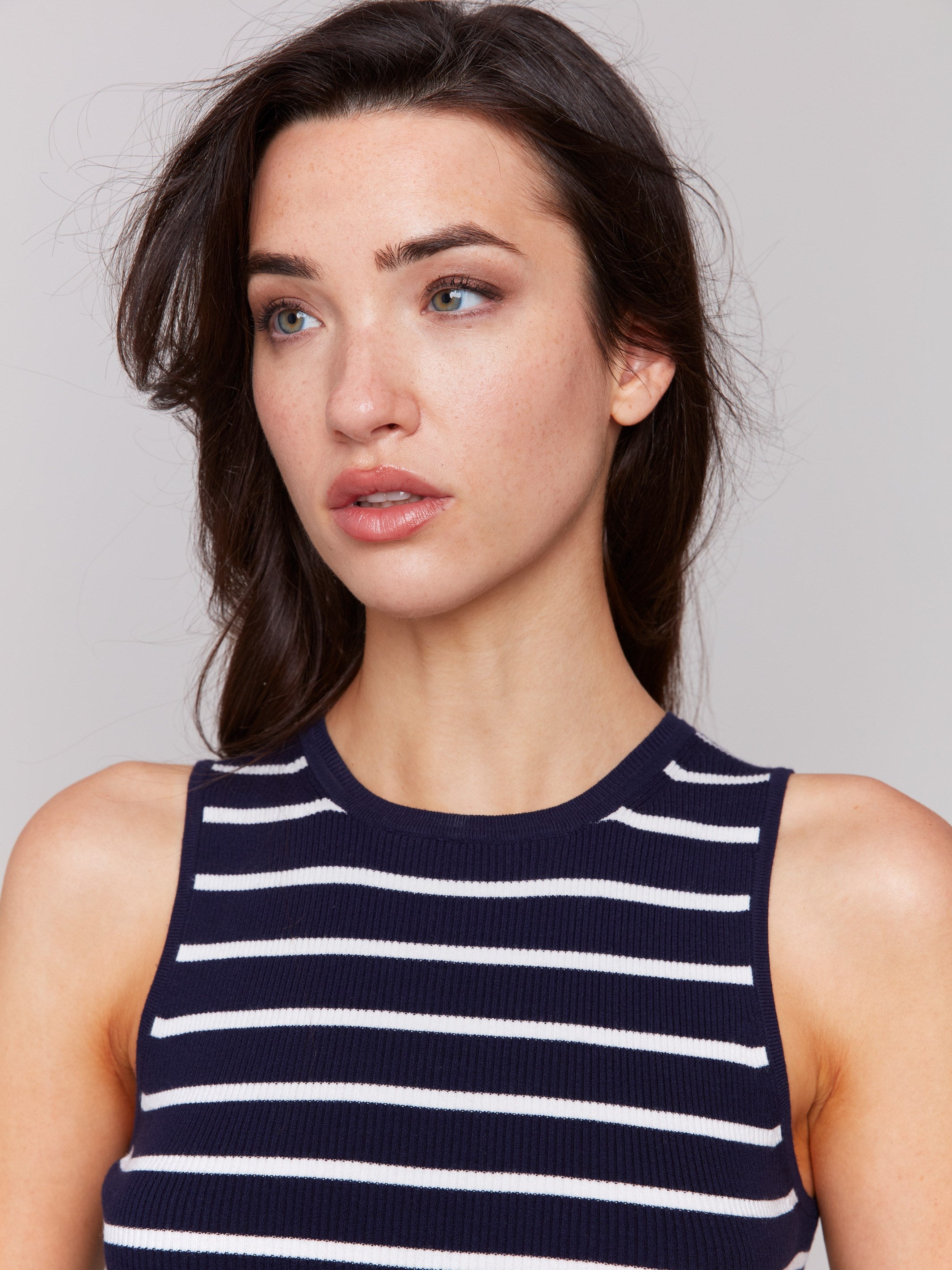 Rib knit sleeveless top in a striped pattern by Charlie B.