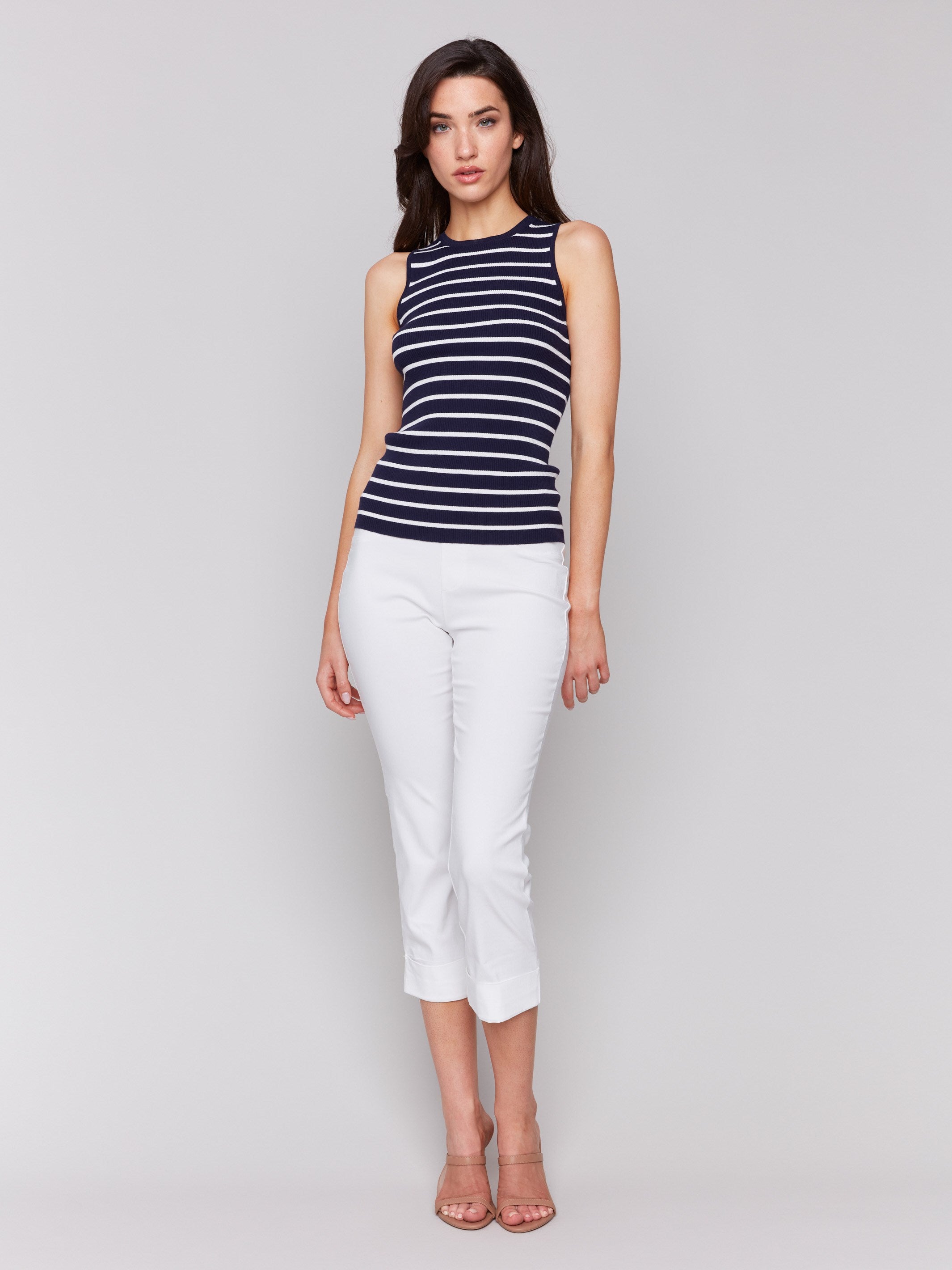 Stylish crew neckline on navy and white top by Charlie B.