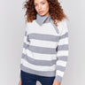 Grey and white striped turtleneck sweater with a zipper detail and ribbed trim by Charlie B.