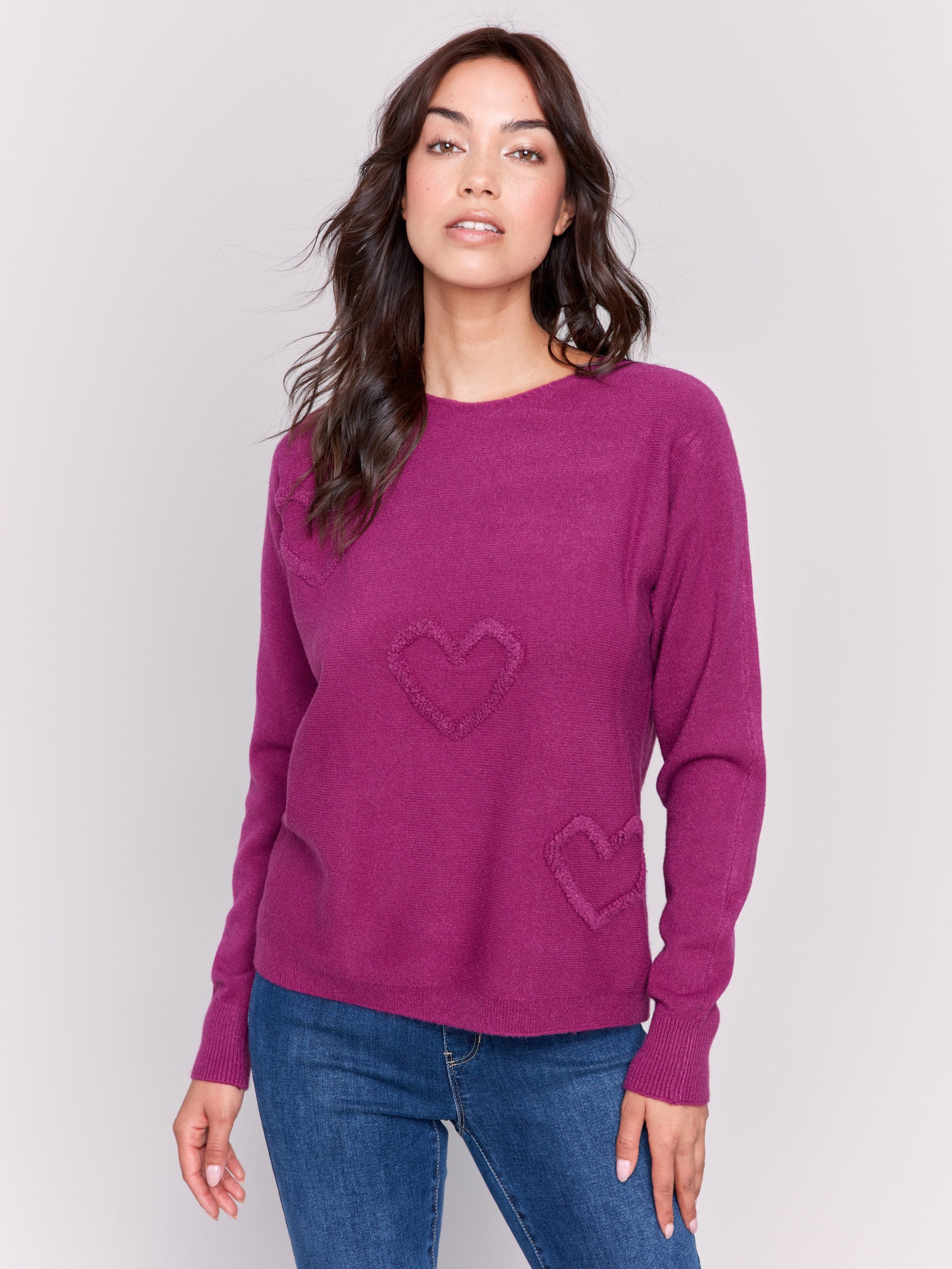 Mulberry long-sleeve sweater with fringed embroidery, featuring a round neckline and ribbed cuffs by Charlie B.