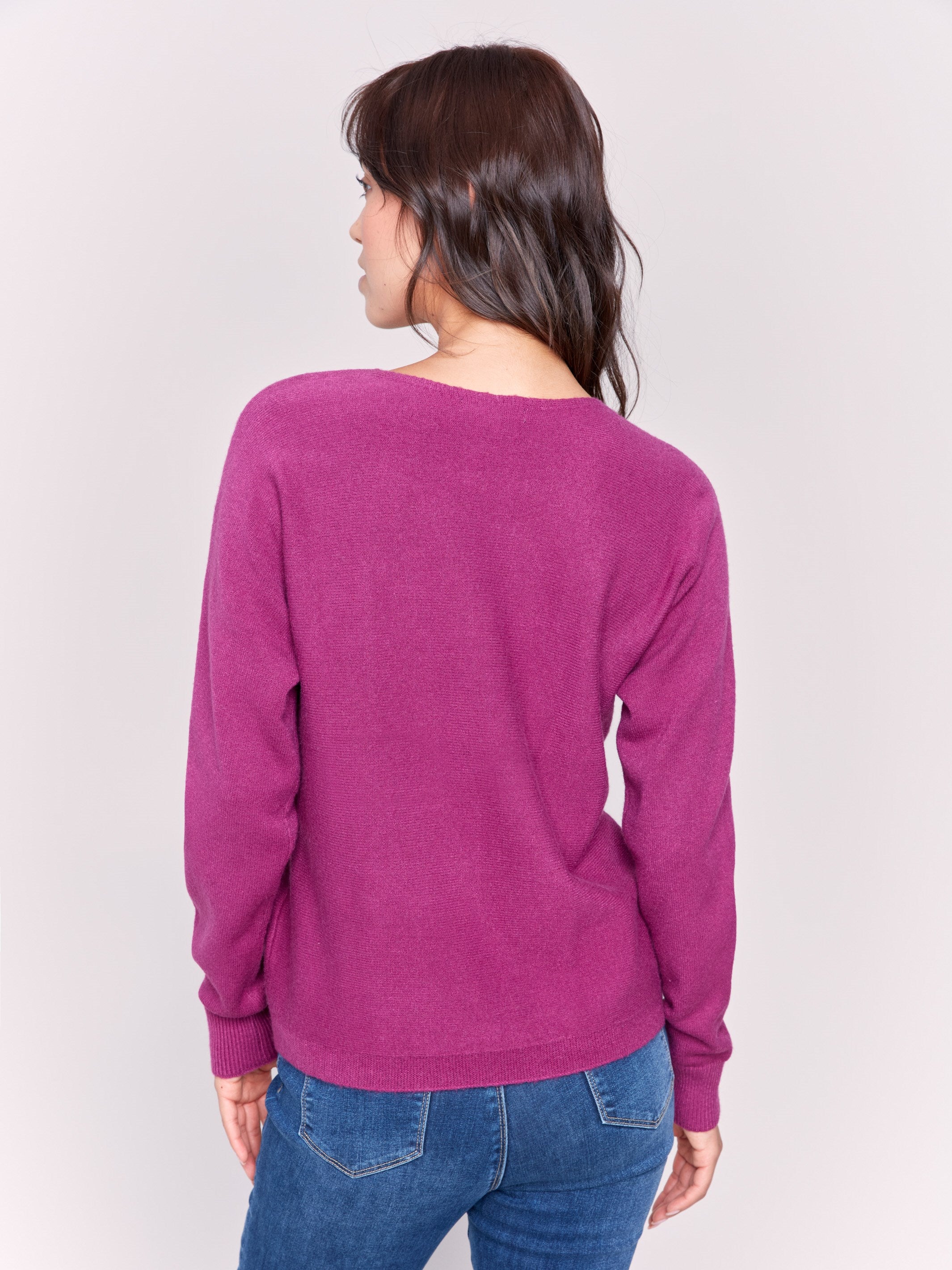 Mulberry long-sleeve sweater with fringed embroidery, featuring a round neckline and ribbed cuffs by Charlie B.