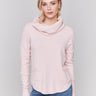 Heather quartz round hem sweater with a removable scarf and front pockets by Charlie B.