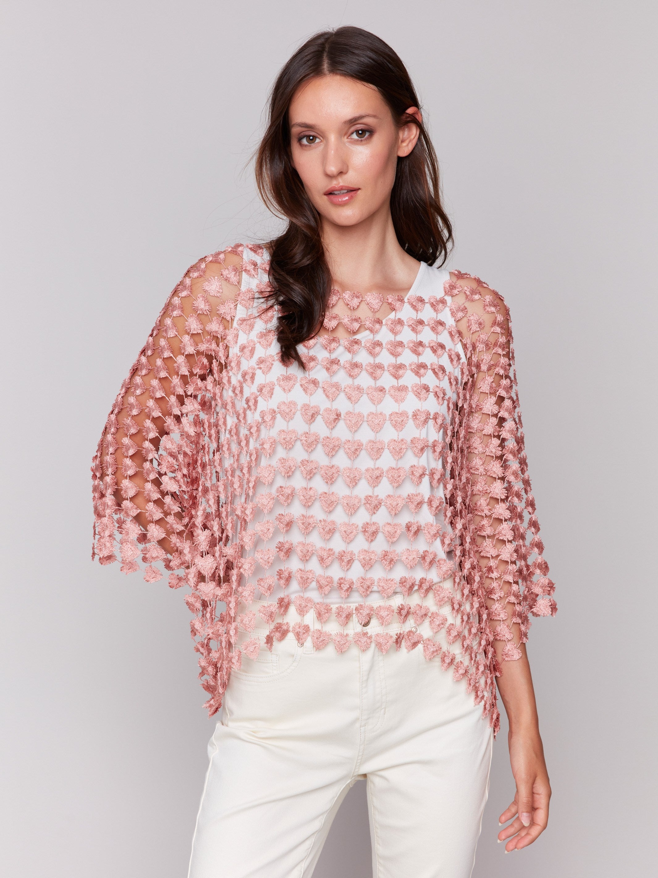 Guava textured crochet top with heart patterns, 3/4 sleeves, and a square neckline by Charlie B.