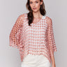 Guava textured crochet top with heart patterns, 3/4 sleeves, and a square neckline by Charlie B.