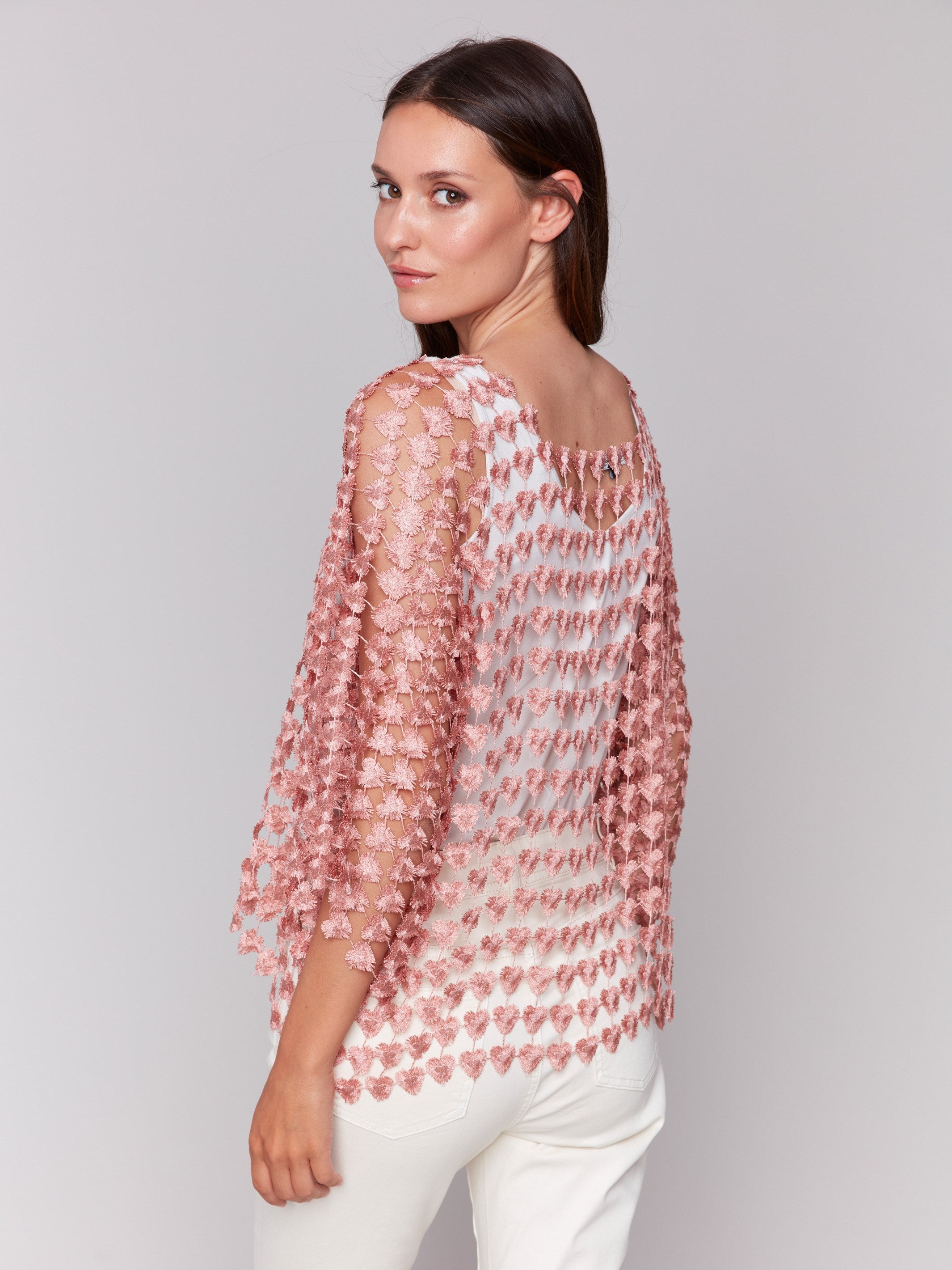 Guava textured crochet top with heart patterns, 3/4 sleeves, and a square neckline by Charlie B.