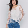 Natural textured crochet top with heart patterns, 3/4 sleeves, and a square neckline by Charlie B.