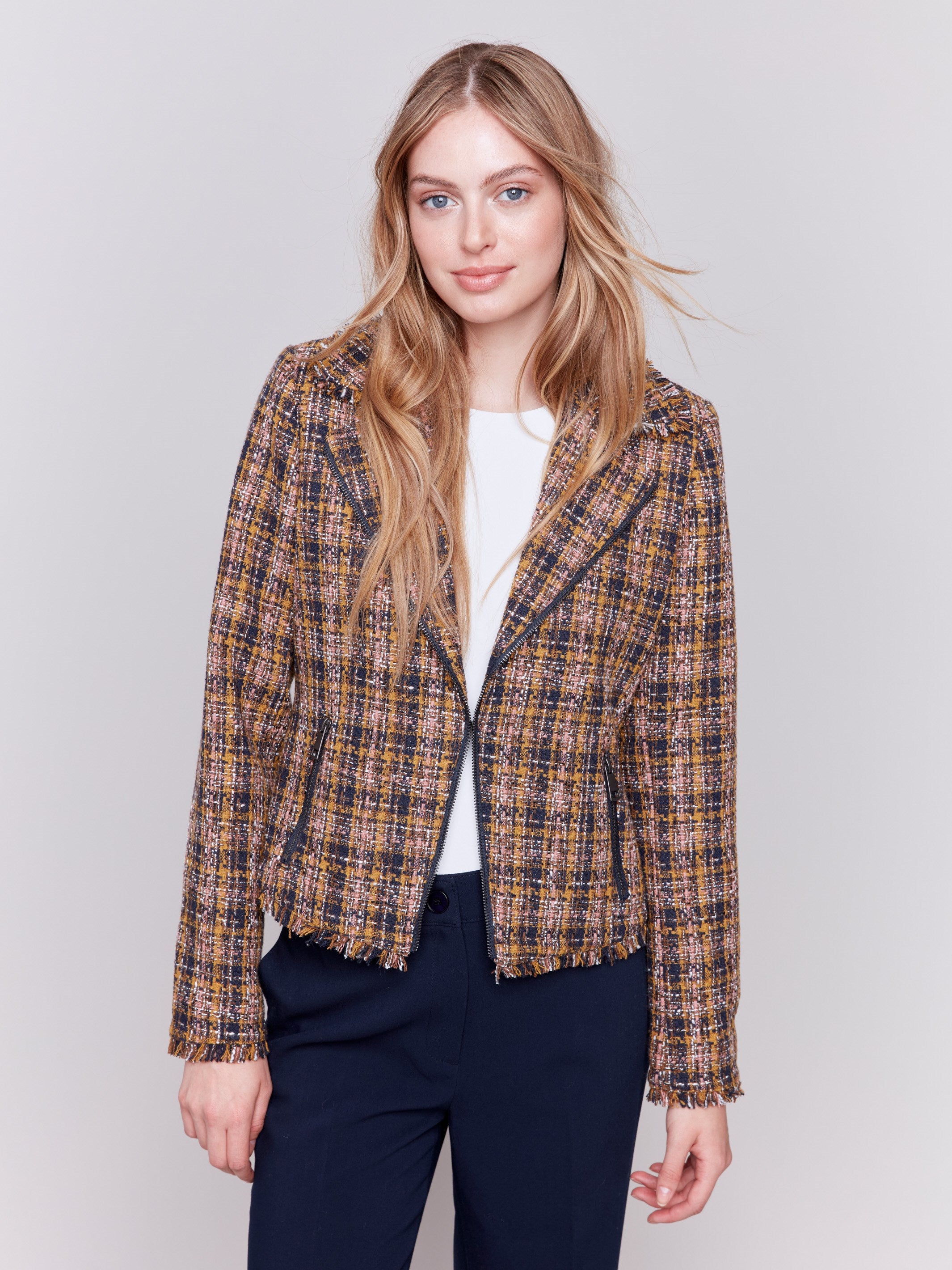 Women's Tweed Perfecto Jacket in navy with side pockets and frayed hem by Charlie B.