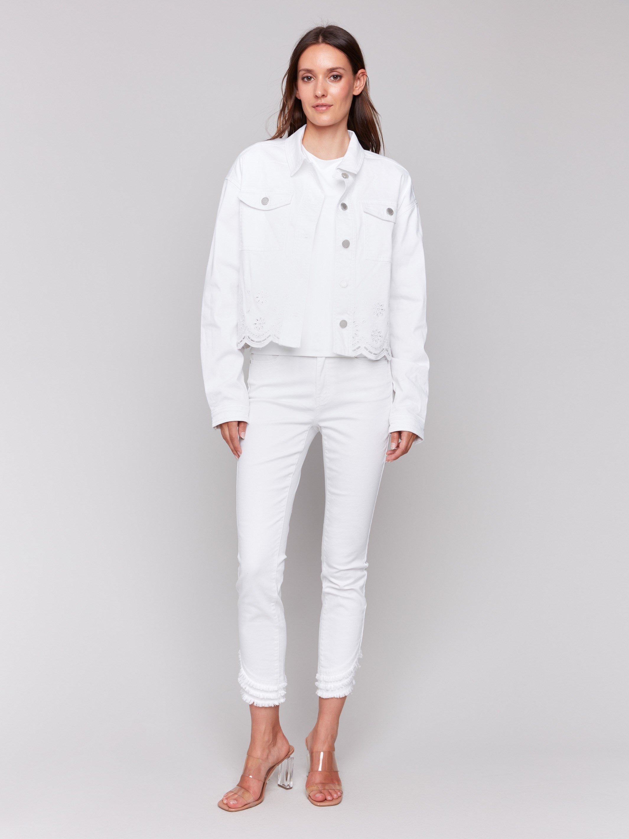 Twill jacket in white with scalloped hem and buttoned chest pockets by Charlie B.