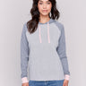 Heather grey and light pink two-toned hoodie sweater with raglan sleeves and hood by Charlie B.