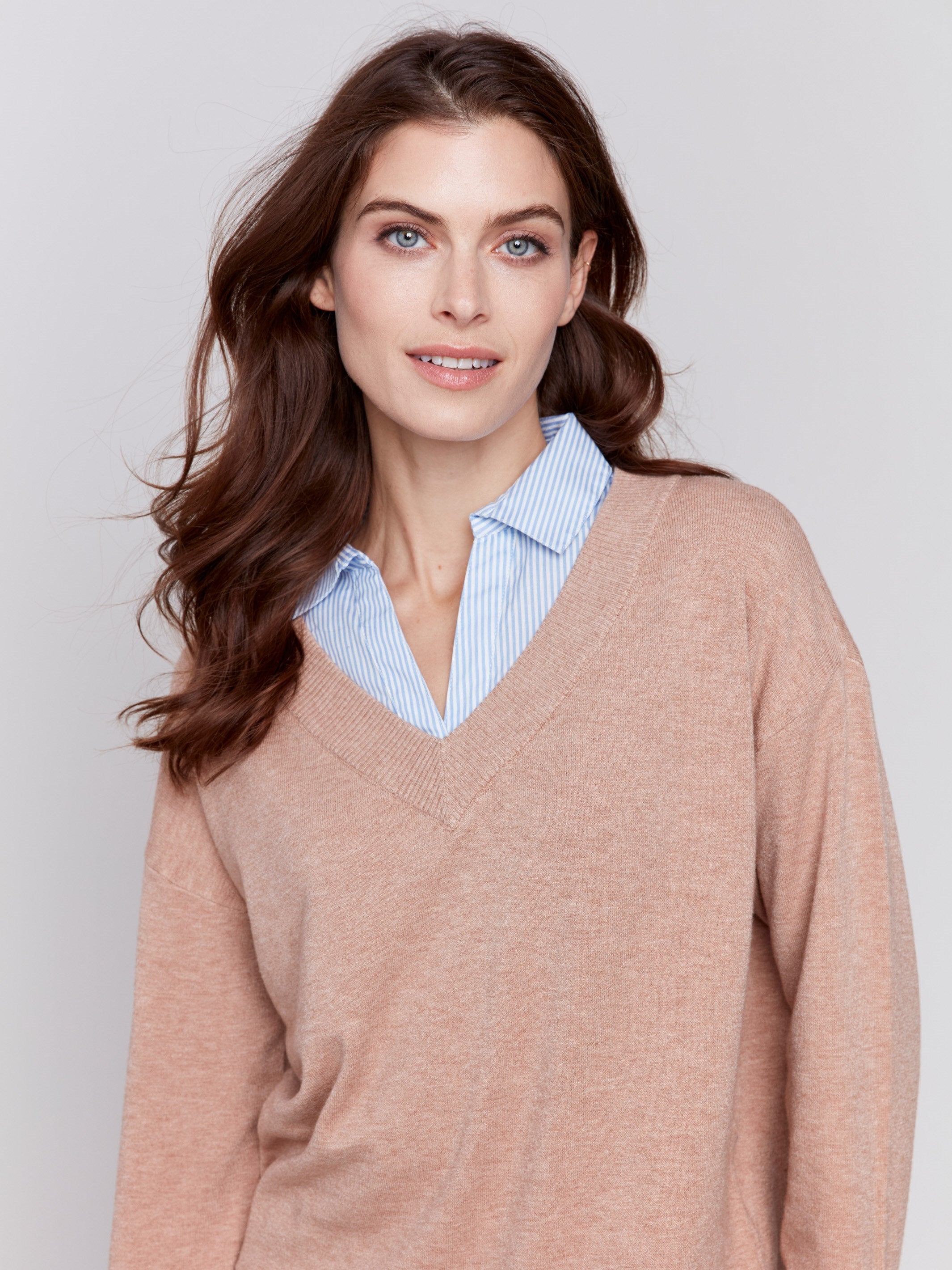 Women's v neck sweater with collared shirt underneath sale