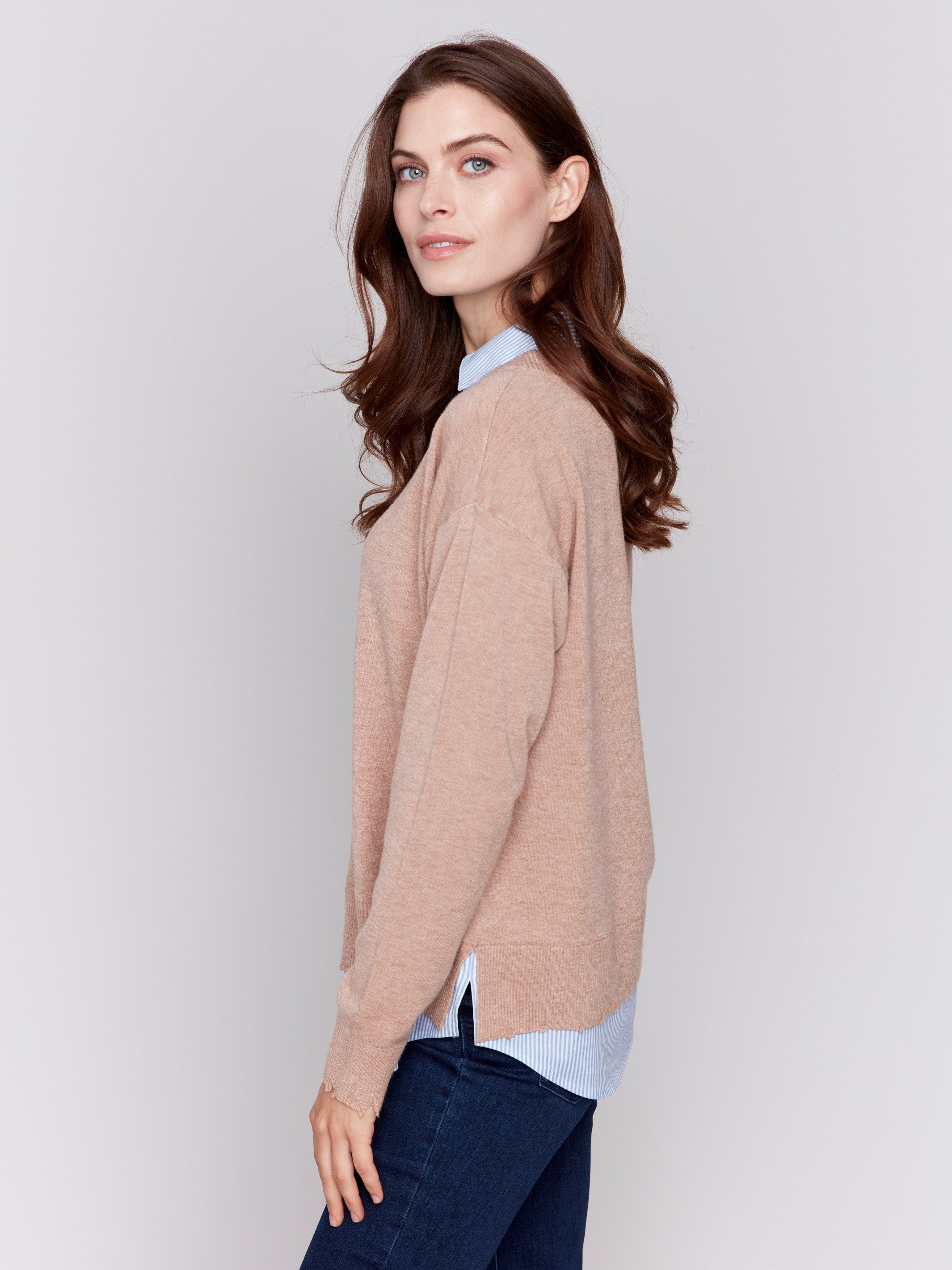 V-neck fooler sweater in Caramel with a shirt collar and ribbed hem, layered look, by Charlie B.