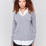 Grey V-neck fooler sweater with white shirt collar, featuring a shirttail hem and side slits by Charlie B.