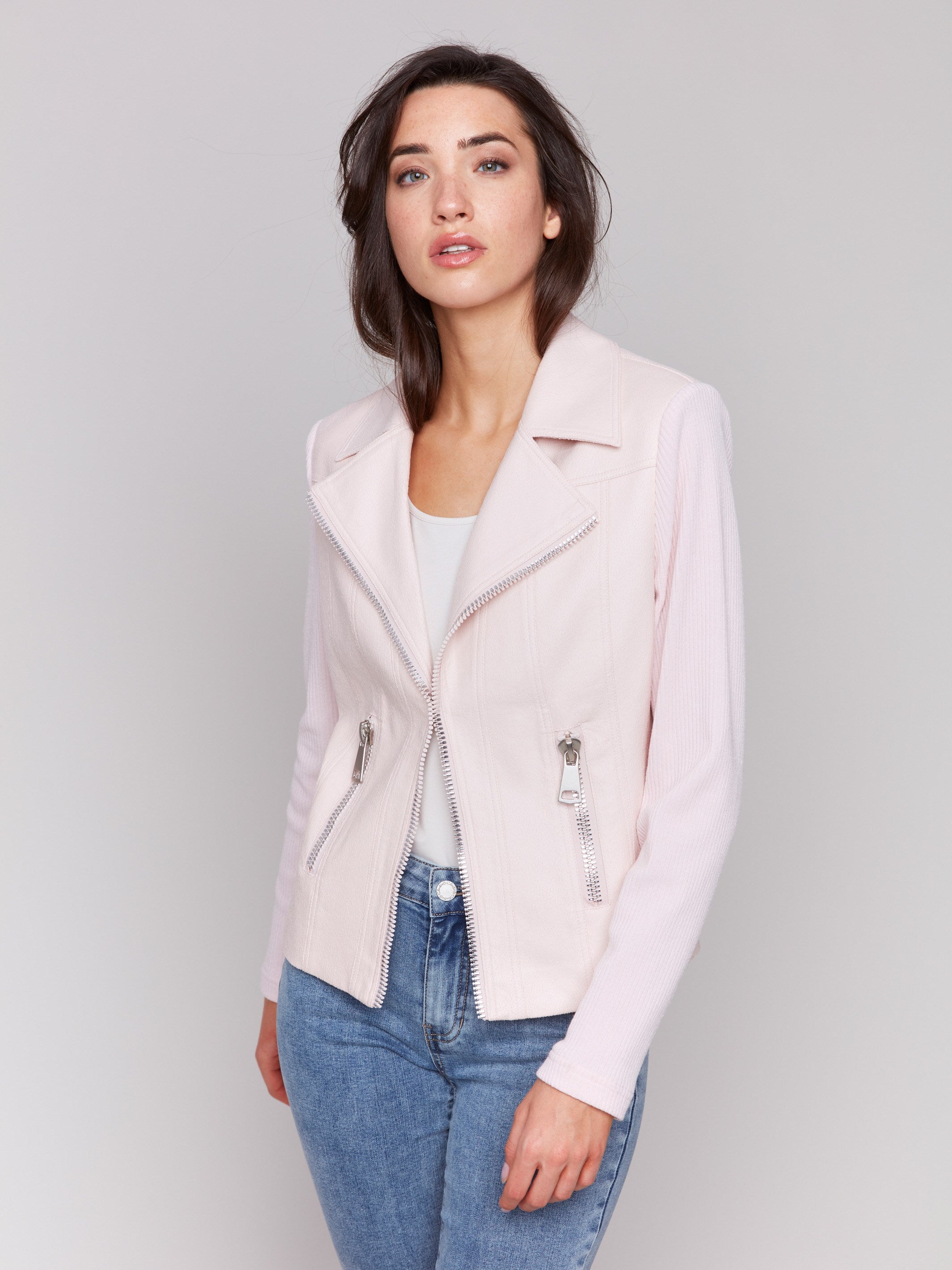 Modern jacket with faux pockets and zipper accents by Charlie B.