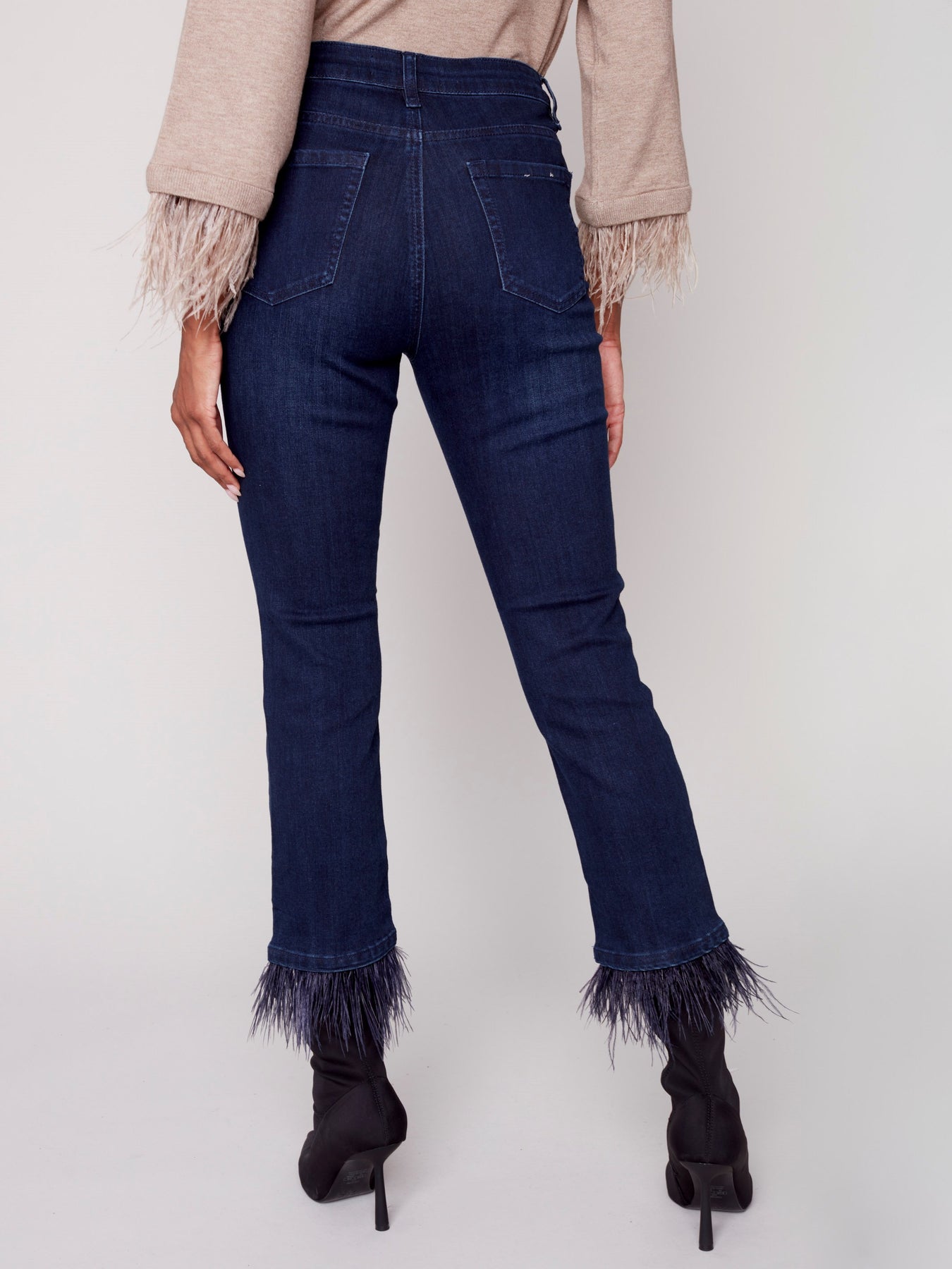 Lisa Maree Float The Boat Denim Feather Trim Jeans in Black Xs / Black
