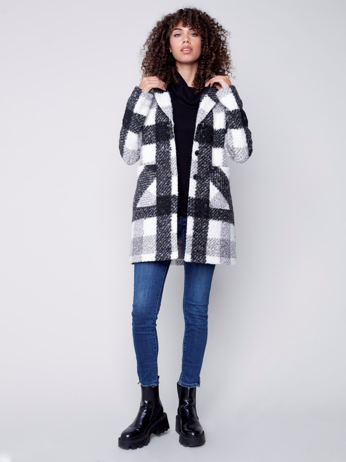 Plaid Boucle Knit Coat for Women | Black/Cream | Charlie B, L