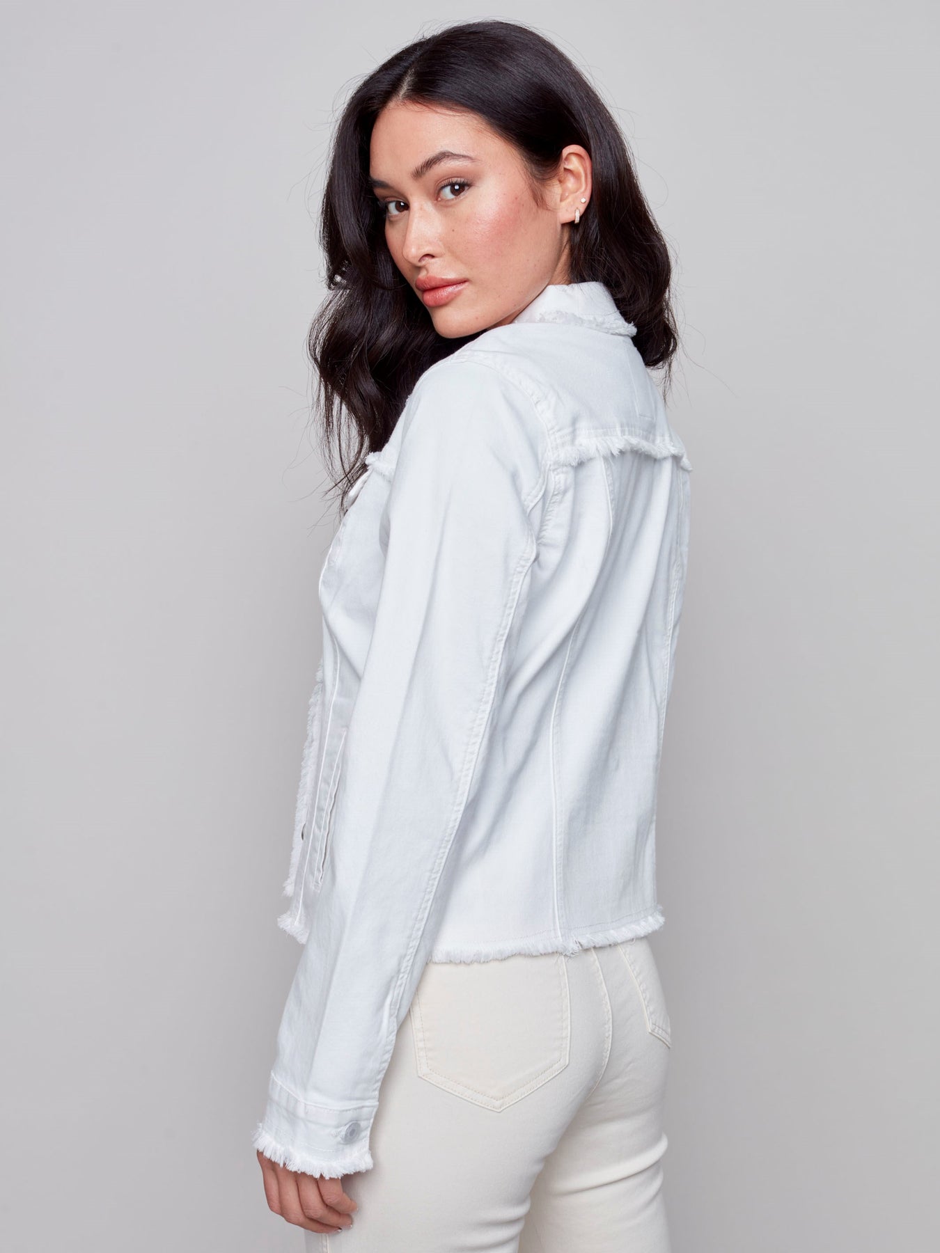 Twill Jean Jacket with Frayed Edges - White