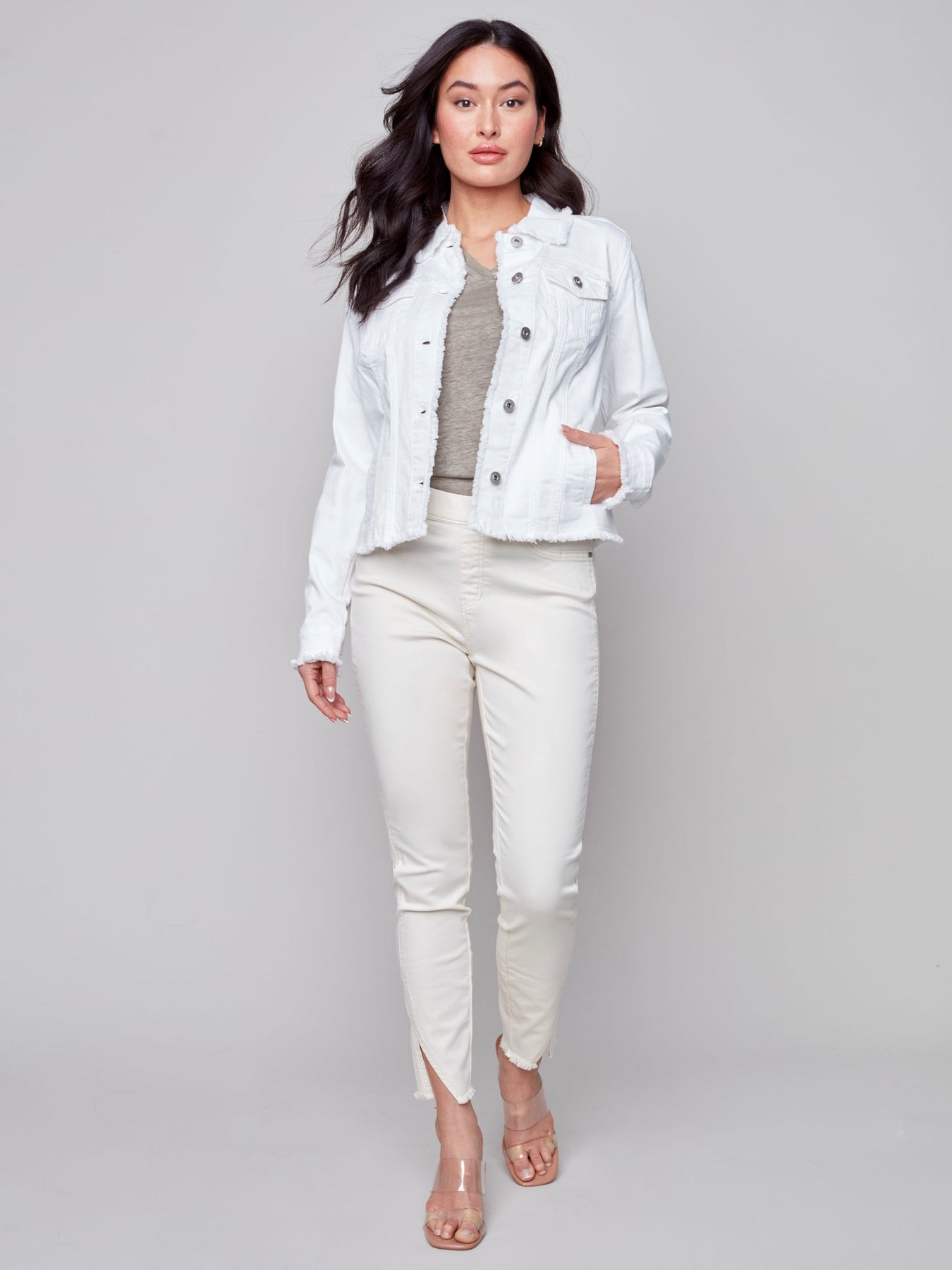 Twill Jean Jacket with Frayed Edges - White